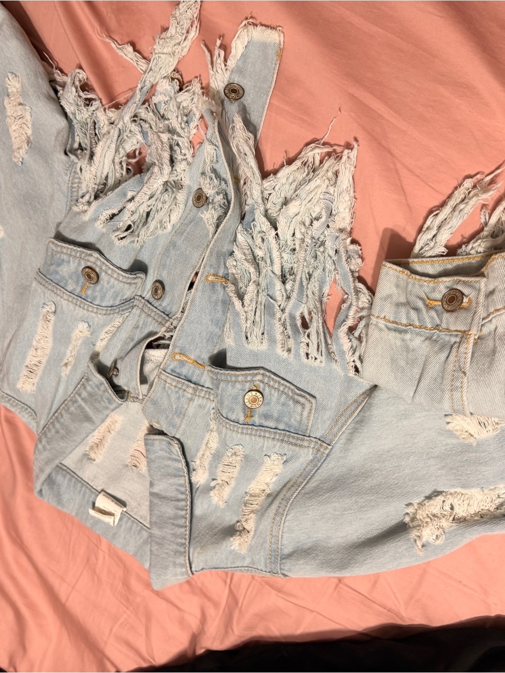 SHEIN Light Blue Distressed Fringe Denim Jacket